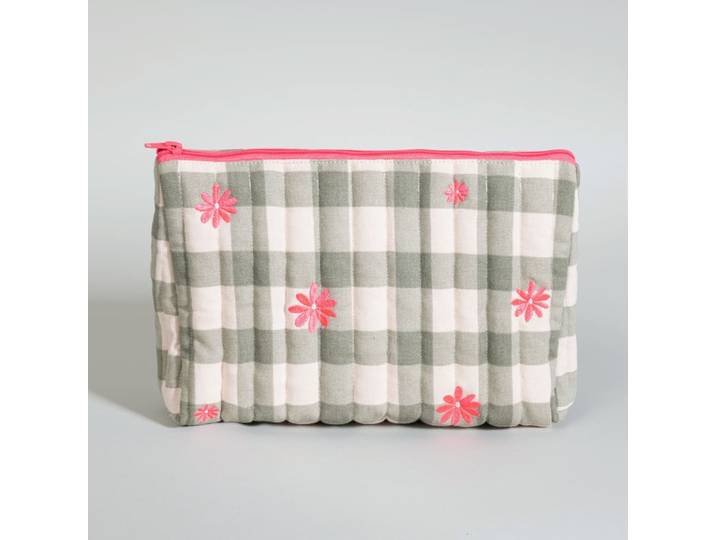 Grün-beige kariertes Federmäppchen mit fuchsiafarbenen Blüten