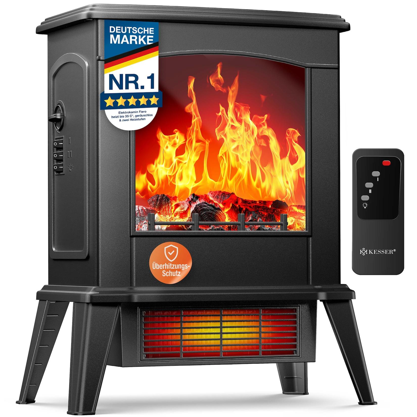 KESSER® LED Kamin Fiero mit Heizung elektrisch Kaminheizung Elektrokamin Standkamin mit realistischem Feuer -/ Flammeneffekt per Fernbedienung, Thermosicherung verschiedene Heizstufen 2000W