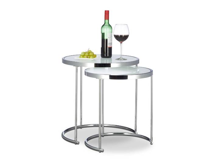 Satztische rund Milchglas Weiss-Silber
