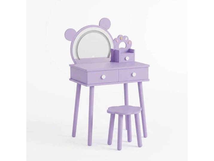 AFF Coiffeuse Enfant en Bois avec Miroir LED Ourson–Table de Maquillage Princesse avec tiroirs de Rangement et Tabouret Violet