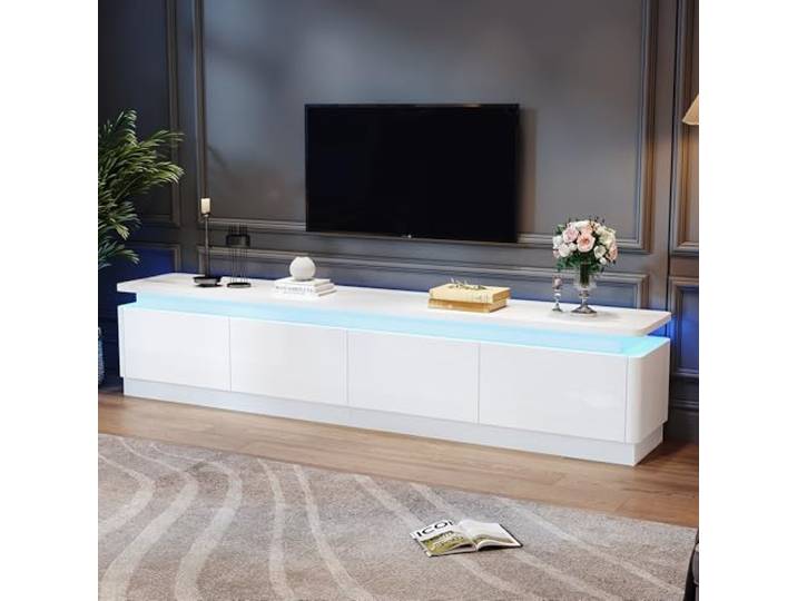 Merax TV-Schrank Weiß Hochglanz, Moderner TV Lowboard mit LED-Licht, Fernsehschrank mit 4 große Schubladen, TV-ständer für Fernseher bis zu 80 Zoll, TV Bank aus Holz, TV-Kommode für Wohnzimmer, 180cm