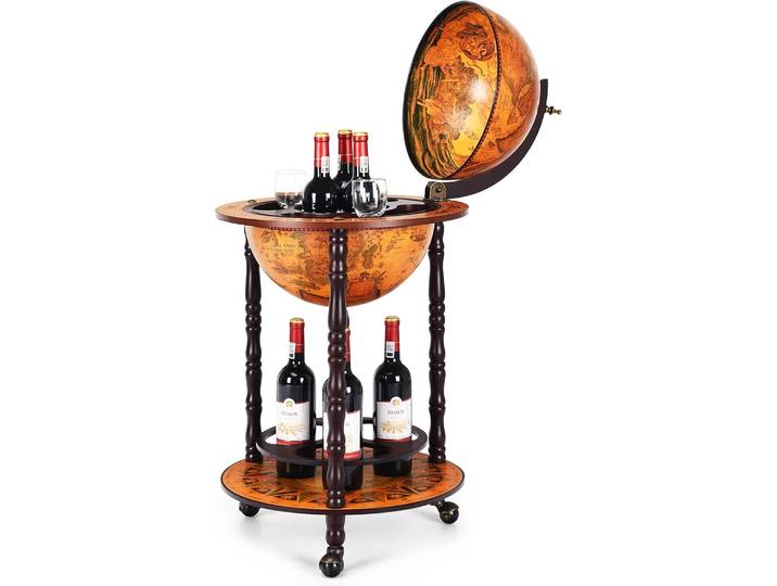 Globe Bar World Globe, chariot de Bar rétro, Globe Bar sur roulettes, Bar à domicile à 2 niveaux, chariot de service en bois, support à vin