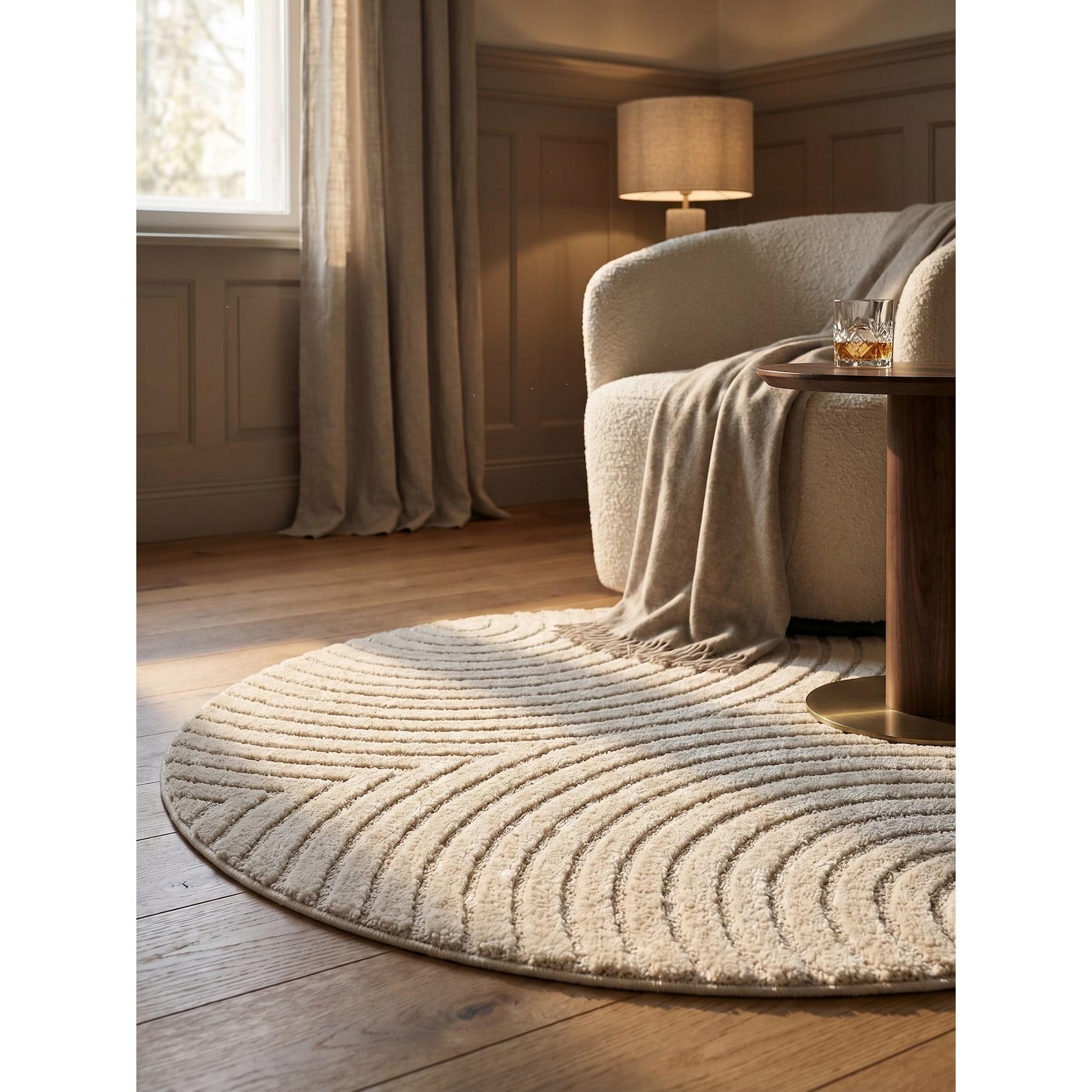 Hochflorteppich Organische Bögen mit 3D-Effekt Creme 120x120 cm Waschbar