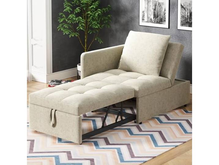FAVSH Schlafsessel mit Bettfunktion, Polsterbett Schlafsofa 3 in 1 Multifunktions-Klappsofa, Schlafhocker mit Bettfunktion, Sofabed mit Bezug in Leinenoptik für kleine Räume (Beige)