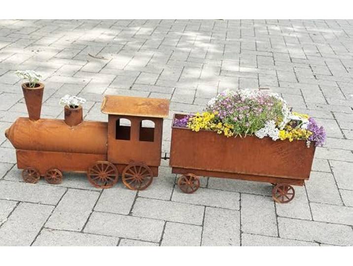 Lokomotive mit Waggon zum Bepflanzen 29x14x89cm Edelrost Gartendeko Rost Metall Eisenbahn Zug Lok mit Anhänger von Steinfigurenwelt