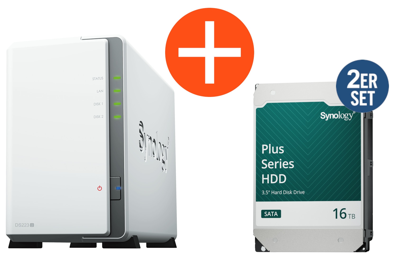 Synology DS223j NAS System 2-Bay 32 TB inkl. 2x 16 TB Synology HDD HAT3310-16T DS223j+2xHAT3310-16T