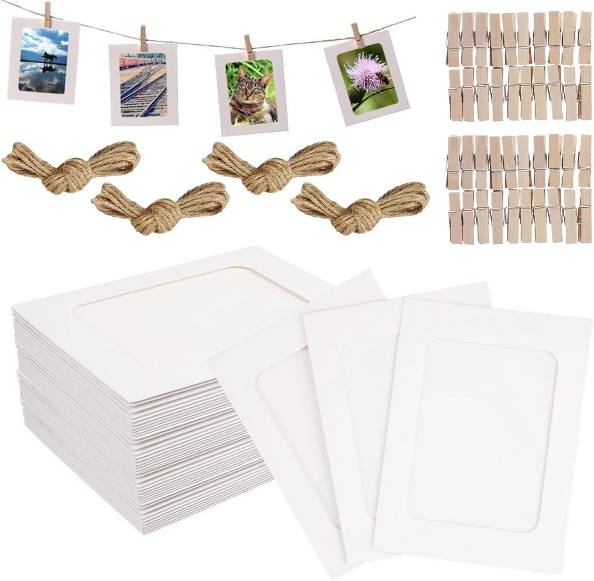 40 stuks Kraftpapier fotolijsten met houten clips en henneptouw voor decoratie
