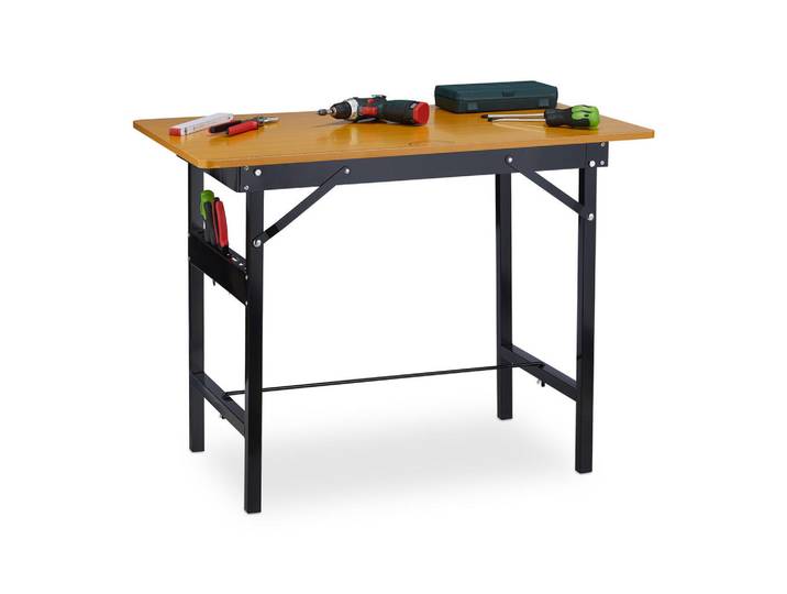Relaxdays Werkbank Natur Schwarz klappbar 100x60 cm, Mehrfarbig, Metall, Holzwerkstoff, 100x76x60 cm, Freizeit & Co, Heimwerken