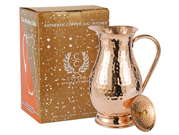 Krug aus reinem Kupfer mit Deckel, großer Krug aus massivem Kupfer, handgefertigt, mit Wasser gehämmert, Kapazität 2000 ml, Kupferkaraffe für Zuhause, Hotels und als Geschenk
