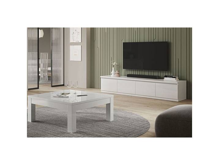 DEYTON - Ensemble Salon Laqué Blanc Meuble TV 4 Portes + Table Basse Carrée