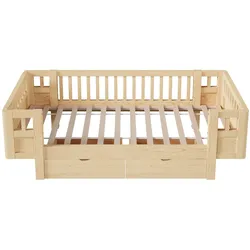 STILVORA Plattformbett Massivholz/MDF Holzfarben 90x200 cm, gewerblich geeignet, mit Schutzgitter & 2 Schubladen