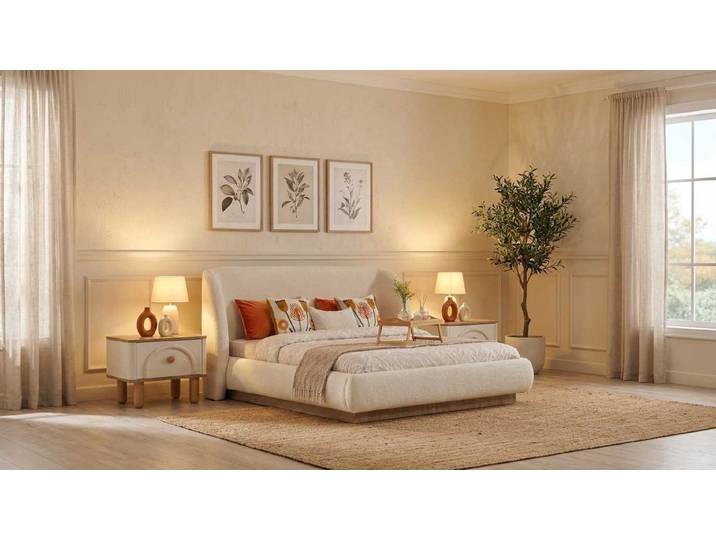 JVmoebel Schlafzimmer-Set Bett Nachttische 2x Set Beige Modern Luxus Polsterbett Doppelbett, (3-tlg., 2x Nachttische, Bett)
