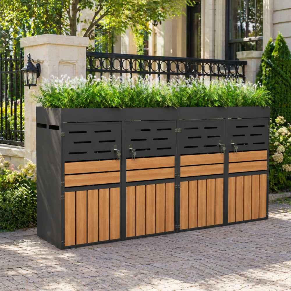 AIORBER Mülltonnenbox für 4 Tonnen mit integrierten Pflanzkästen, Garten-Aufbewahrungsschrank aus verzinktem Stahl, abschließbar, Lamellenbelüftung, 264x80x128cm, Grau