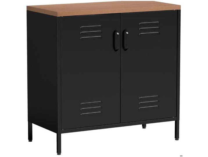ELVORIN Buffet bas industriel en métal noir 80 x 40 x 80 cm 2 portes étagère réglable aspect bois