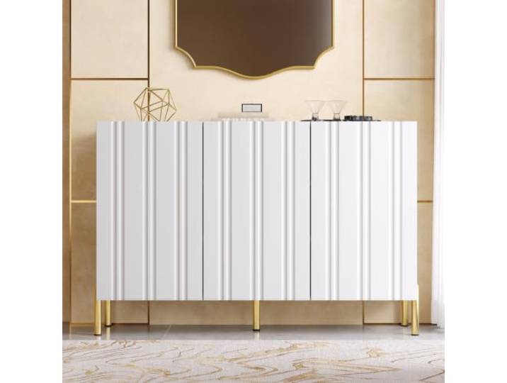 LOBO OFFICE Sideboard mit 3 grifflosen Türen, verstellbaren Böden Grifflose Front mit durchgehender vertikaler Prägung,Fünf robuste Metallrohrfüße für Feuchtigkeitsschutz
