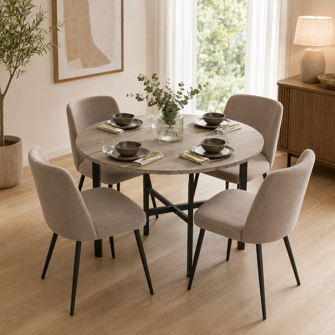Rio 80cm Round Wooden Dining Table with X Frame Metal Legs for Dining Room Greige Oak