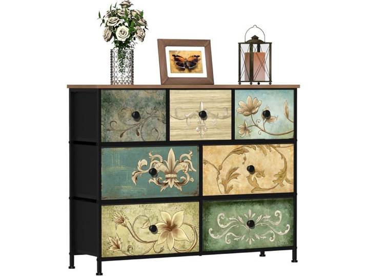 Commode 7 Tiroirs Bohème Avec Plateau Bois Tiroirs En Tissu Structure Métal Meuble Rangement Chambre Salon Et Couloir