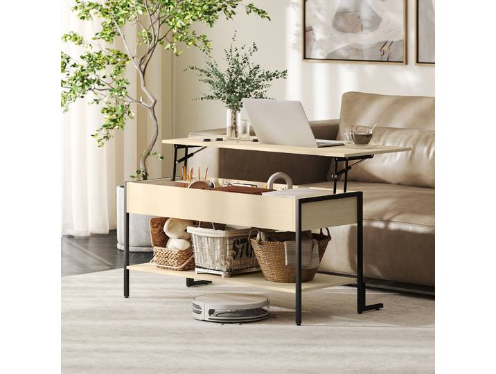 HOMCOM Table Basse Relevable Bois Naturel avec Rangement 95cm