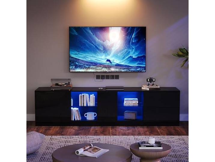 Merax LED TV Lowboard, Hochglanz TV Board für 65 Zoll Fernseher, TV Schrank mit 2 Schubladen & Schranktür, Glasablage & LED Beleuchtung, modernes TV Möbel für Wohnzimmer,160 x 40 x 52 cm, Schwarz