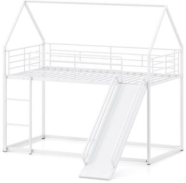 Costway House-shaped Metal Twin Over Twin Low Bunk Bed-White