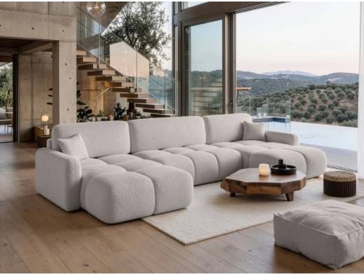 U-Form Wohnlandschaft 377x175 cm Bouclé mit Schlaffunktion (Anthology 15) Mit praktischem Bettkasten, komfortabler Polsterung und ideal für Familie, Gäste sowie den täglichen Gebrauch