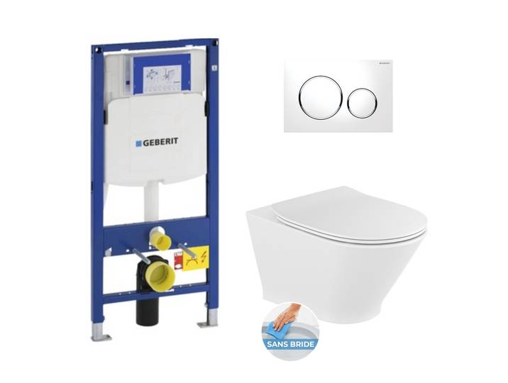 Pack WC Bati-support Geberit avec Cuvette Roca The Gap fixations invisibles + Abattant + Plaque blanc chrome (GebGapRimless-C)