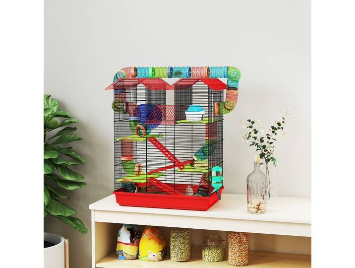 PawHut Cage Rongeur 47x30x59cm Rouge avec Tunnel et Jouets