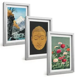 BILDER SET 3er Set - 20x30 cm Silberner Rahmen - Japanische Natur, Japandi-Kultur