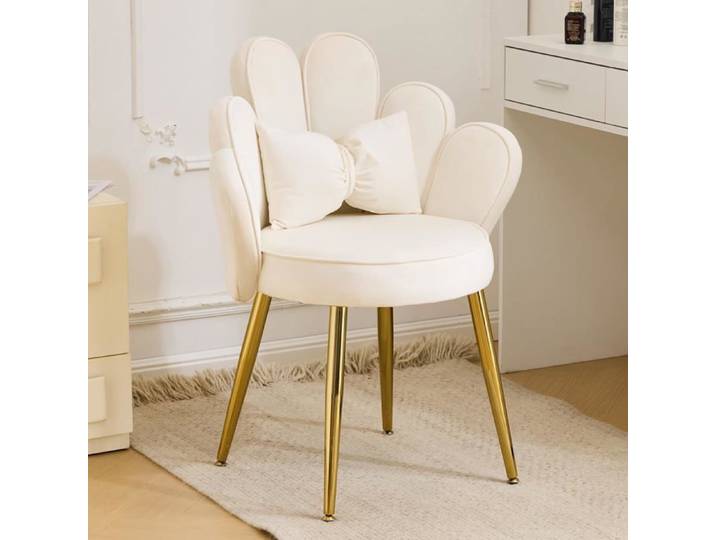 VINGLI Fauteuil de Salon Chaise Coiffeuse en Forme Pétale Fauteuil d'Attente Chaise de Bureau en Velours Blanc