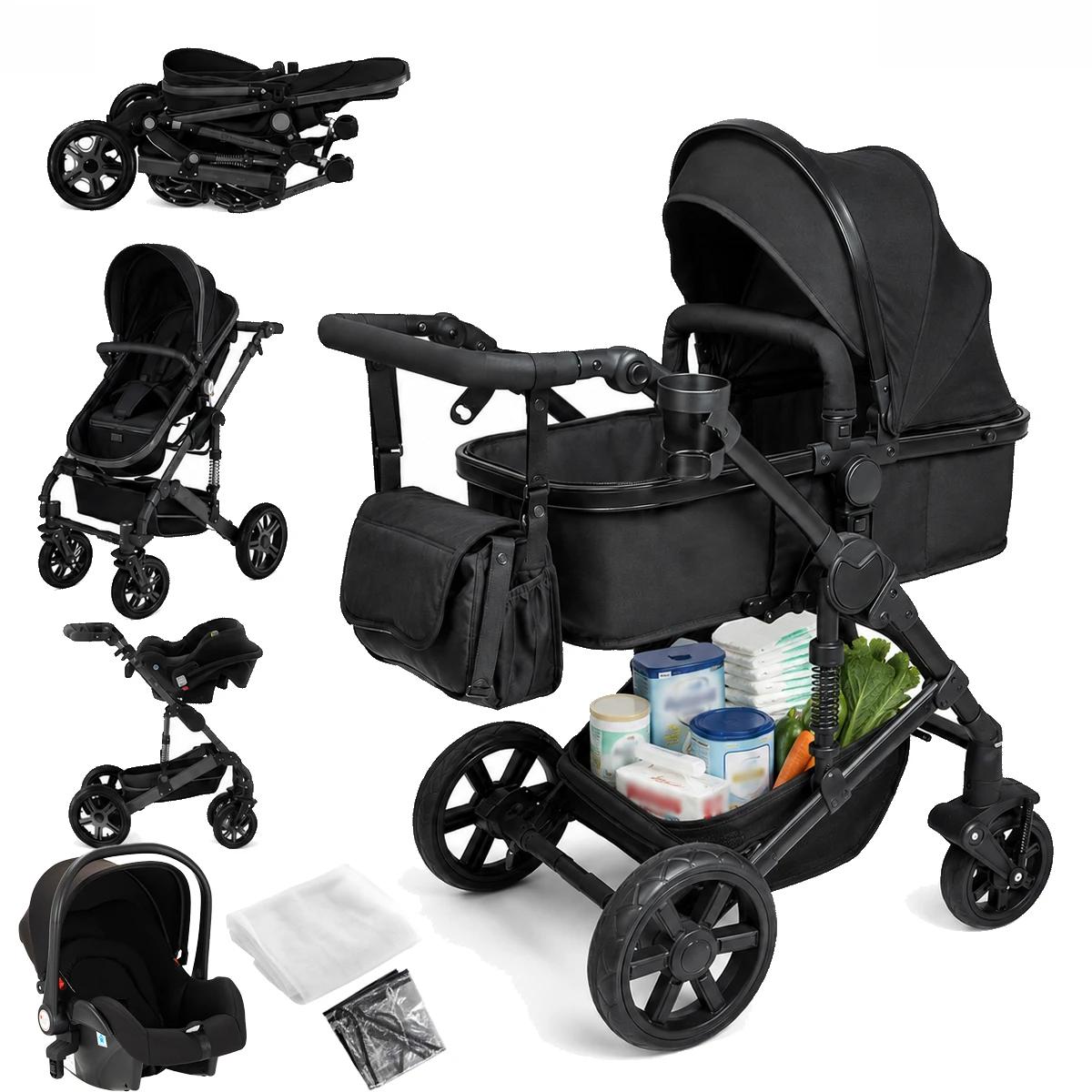 Baby-Kinderwagen - 3-in-1-Kombikinderwagen - Leicht - Wende-Sitzeinheit - Zusammenklappbar - Für geborene - Bis 15 kg - Schwarz