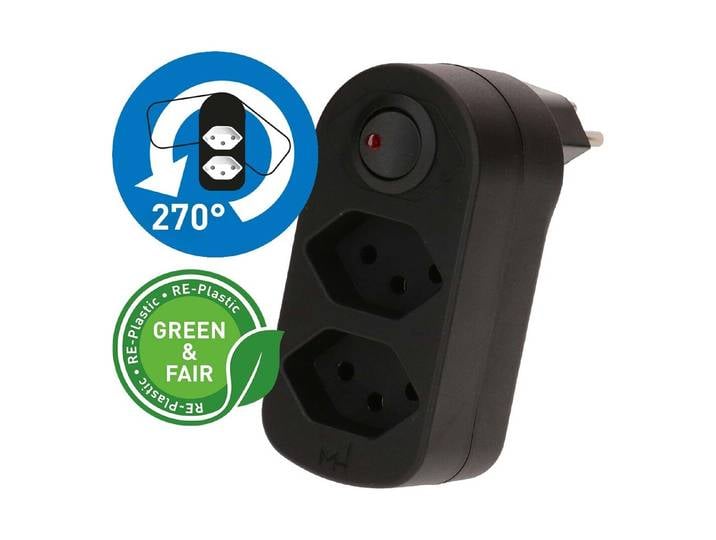 Max Hauri Abzweigstecker Adapt 2x Typ 13 schwarz drehbar Schalter Green+Fair