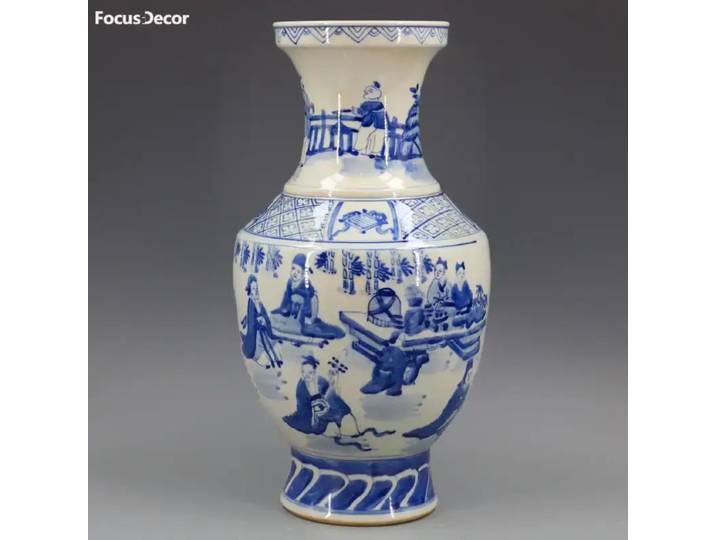Qing Kangxi – bouteille en queue de poisson, motif de figurine bleue et blanche, ornements de maison en porcelaine Antique, Vase de décoration, Vase à fleurs