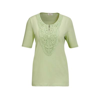 Kurzarmshirt GOLDNER "Elegantes Jerseyshirt mit Rundhals", Damen, Gr. 46, grün (lindgrün), Obermaterial: 92% Baumwolle CO. 8% Elasthan EL., Tubular, Shirts, Effektvolle Häkelspitze