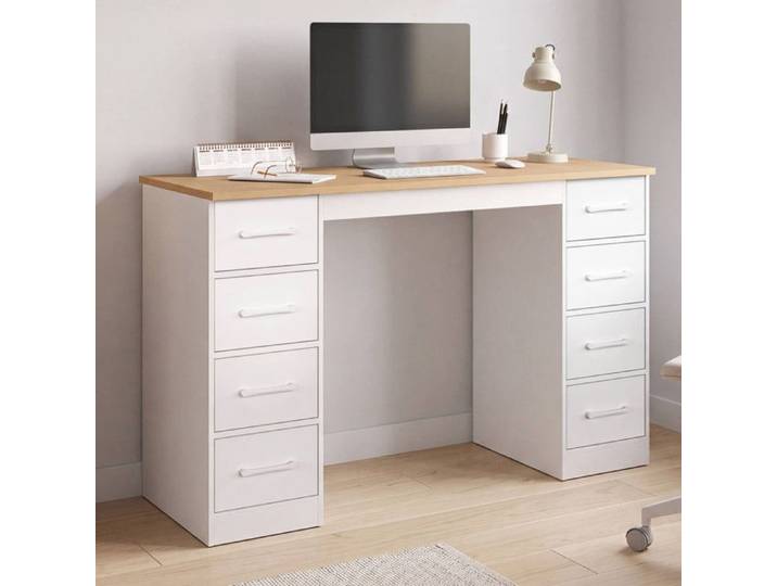 Bureau avec 8 tiroirs en tissu UPPAH blanc et bois