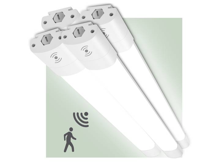 Lot de 4 lampes LED 36W pour salle humide avec détecteur de mouvement, tube LED IP66 de 120 cm 4000K connectable pour garage, sous-sol, atelier