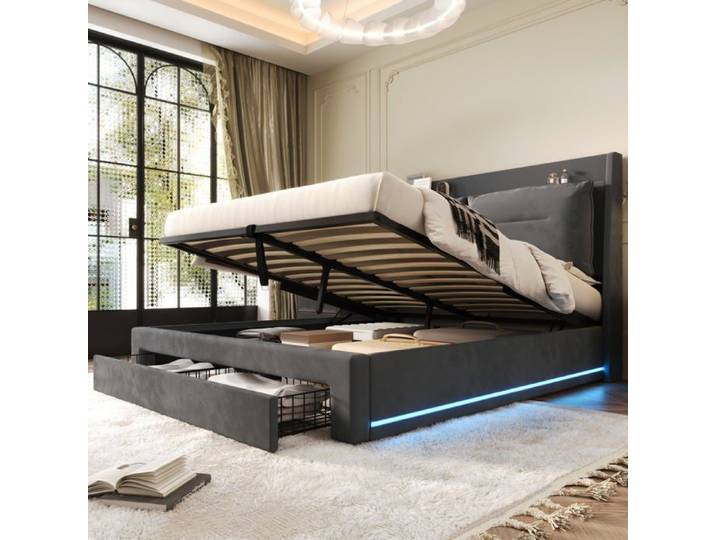 Lit à capuche LED Logidon 140x190 avec rangements velours gris foncé