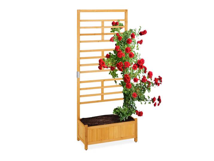 Relaxdays Rankgitter Natur Schwarz mit Pflanzkasten Fichtenholz 171x71 cm, Hellbraun, Holz, Kunststoff, 71x171x31.5 cm, Dekoration, Gartendeko, Rankgitter