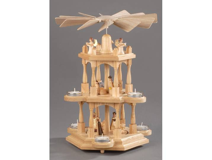 Weihnachtspyramide ALBIN PREISSLER Christi Geburt, Handwerkskunst aus dem Erzgebirge , beige (natur), H:41cm, Holz teilmassiv, Weihnachtspyramiden, Weihnachtspyramide, 3 Etagen, Weihnachtsdeko aus Holz