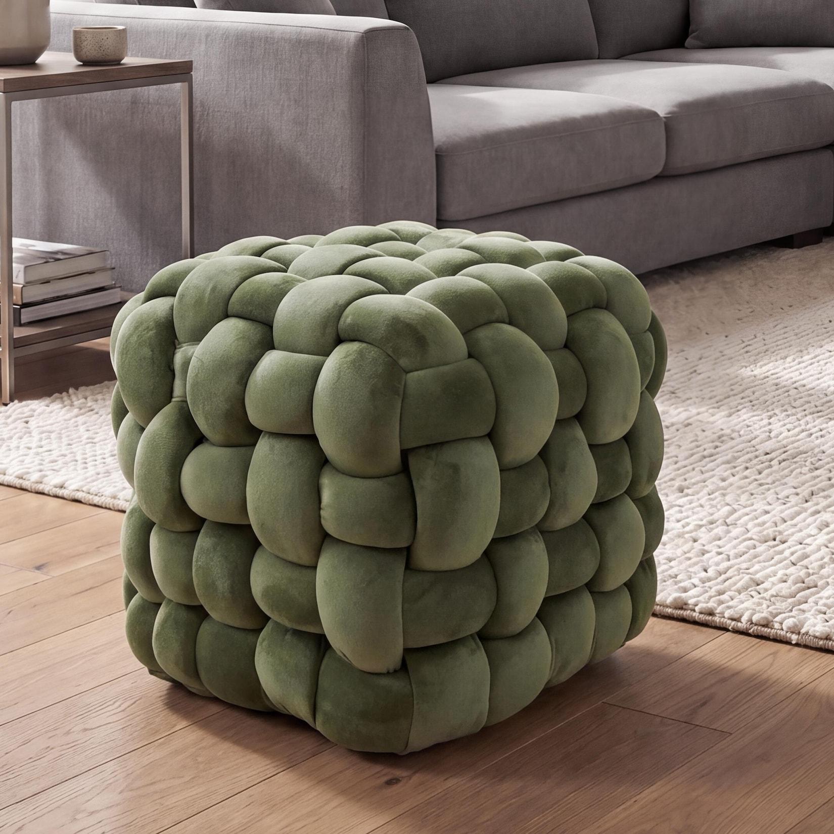 Hocker MCW-Q48, Sitzhocker Ottomane Polsterhocker Knoten-Pouf, Samt (220g/m²) 39cm ~ grün