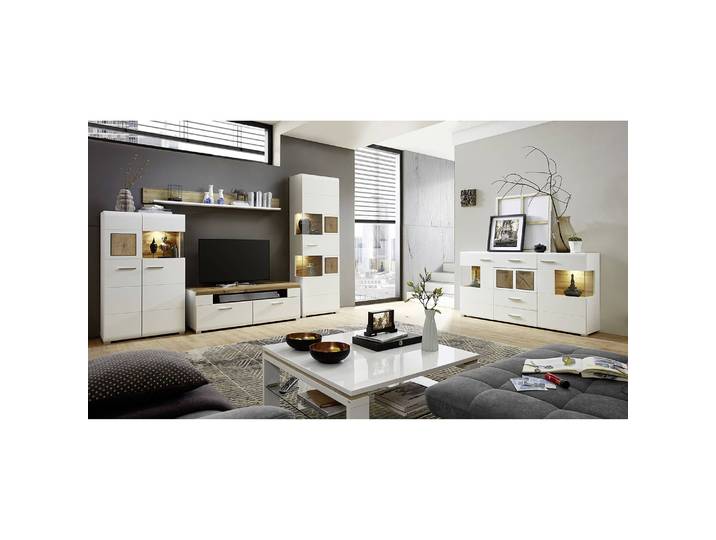 TV-Lowboard I Front & Korpus: MDF Mitteldichte Holzfaserplatte , foliert & beschichtet Absetzung: Spanplatte, foliert & beschichtet Griffe: