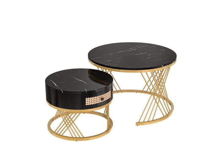 HAUSS SPOLE Couchtisch Couchtisch Satztische Satz rund Kaffeetisch 2er Set (Sturmbare Struktur Für Stabilität Und Haltbarkeit Einfach Zu Montieren), Satz von 2, Goldene Farbe Frame