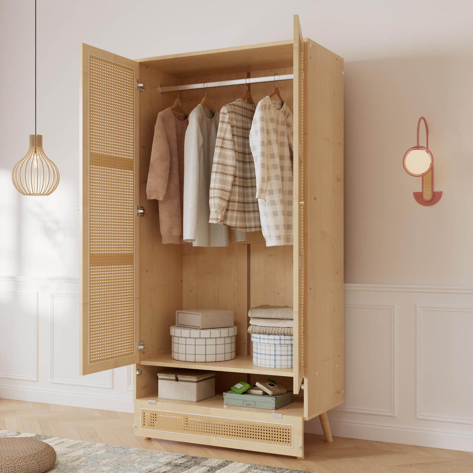 Flieks Garderobekast met Rattan Details, 2 Deuren en Lade in Natuurlijke Kleur