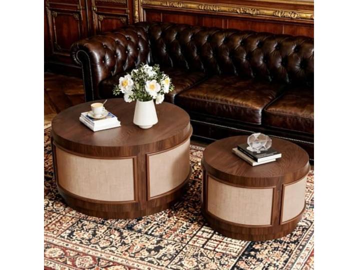 WUPDPQS Runde Satztische 2er-Set 26 Zoll, H Für Wohnzimmer, Technischer Stoff Geriffeltes, Massivholzfurnier, Moderne Stapelbar Couchtische, Für kleine Räume
