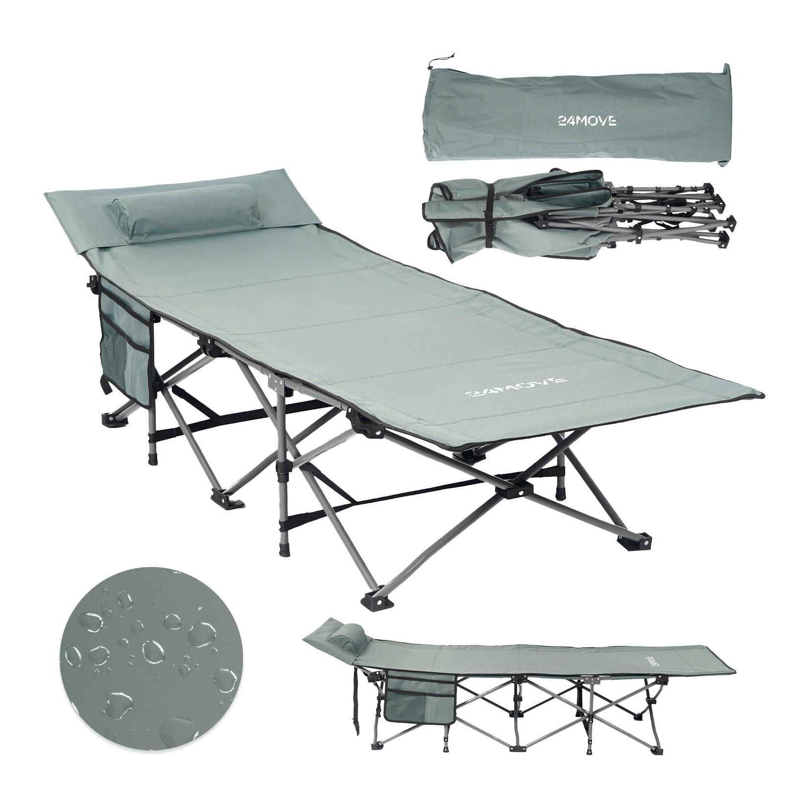 24MOVE® Feldbett Campingbett bis 150 kg In-und Outdoor Camping faltbar mit Seitentasche und Kissen