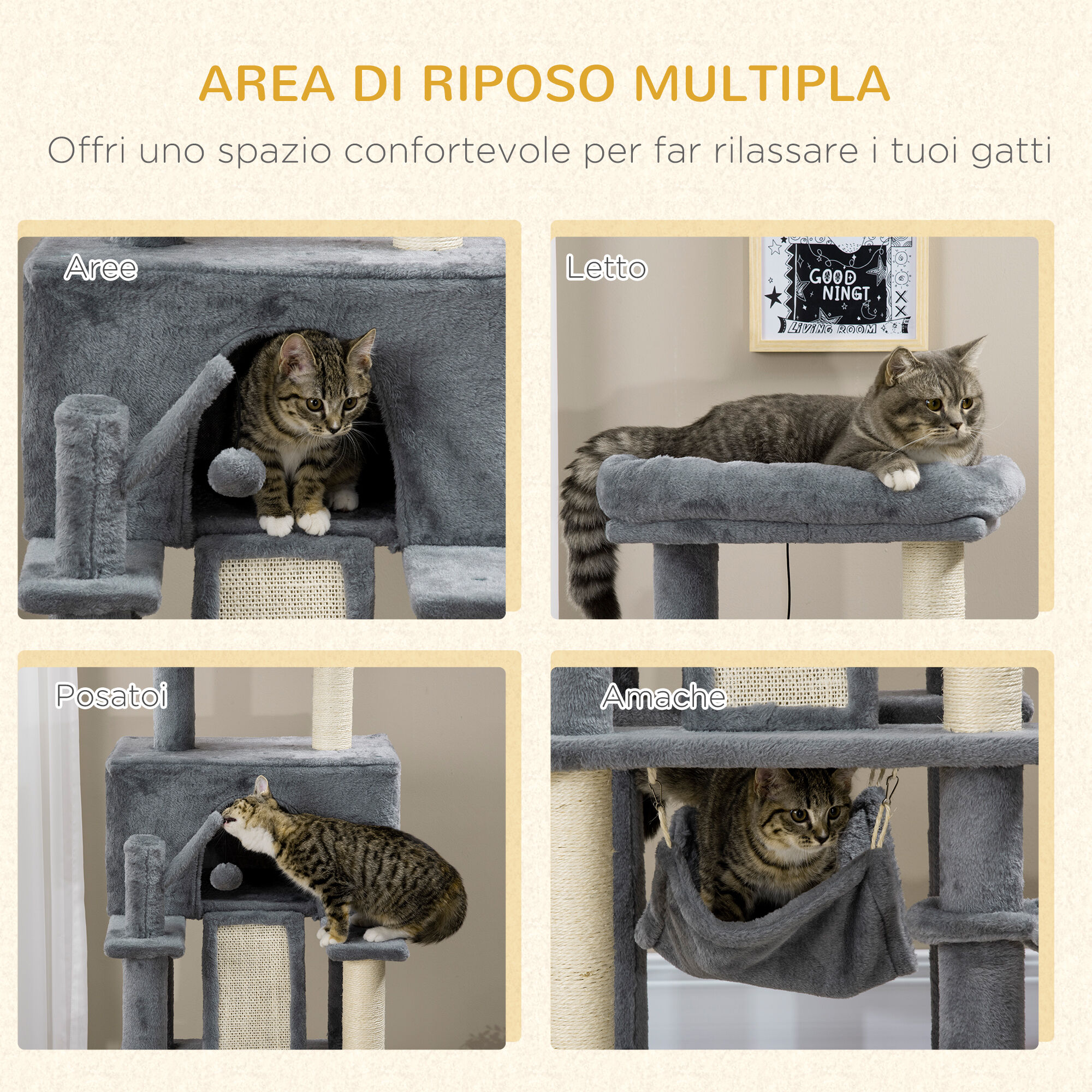 Altro Albero Tiragraffi Per Gatti Con Pali In Sisal, Casetta, Lettino E Amache, 48x48x140cm, Grigio
