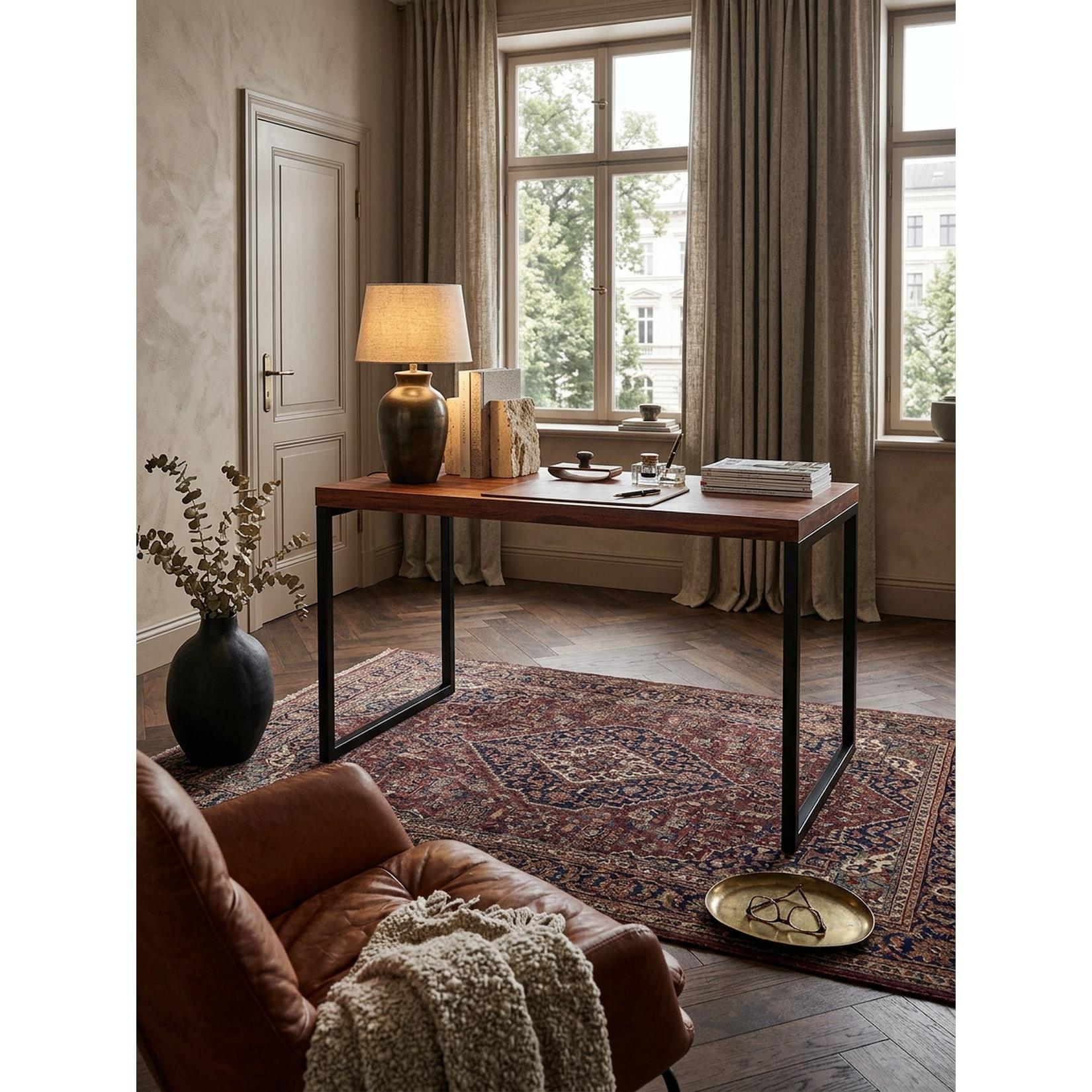 Schreibtisch – Massivholz/Metall, 117x59x76,5 cm, dunkel, kompakt, Industrial-Stil