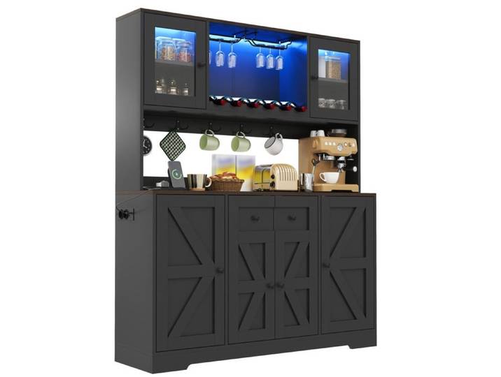 HOMVRA Armoire de cuisine 140x40x173 cm avec LED RGB prises USB range-bouteilles noir