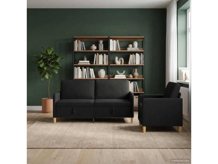 KTHLBRH Sofaset mit Stauraum 2 Stück Schwarz Polyester Erhöhter Sitz, Metallgestell, abnehmbarer Bezug, 4-Sitzer, Verwendung im Innenbereich