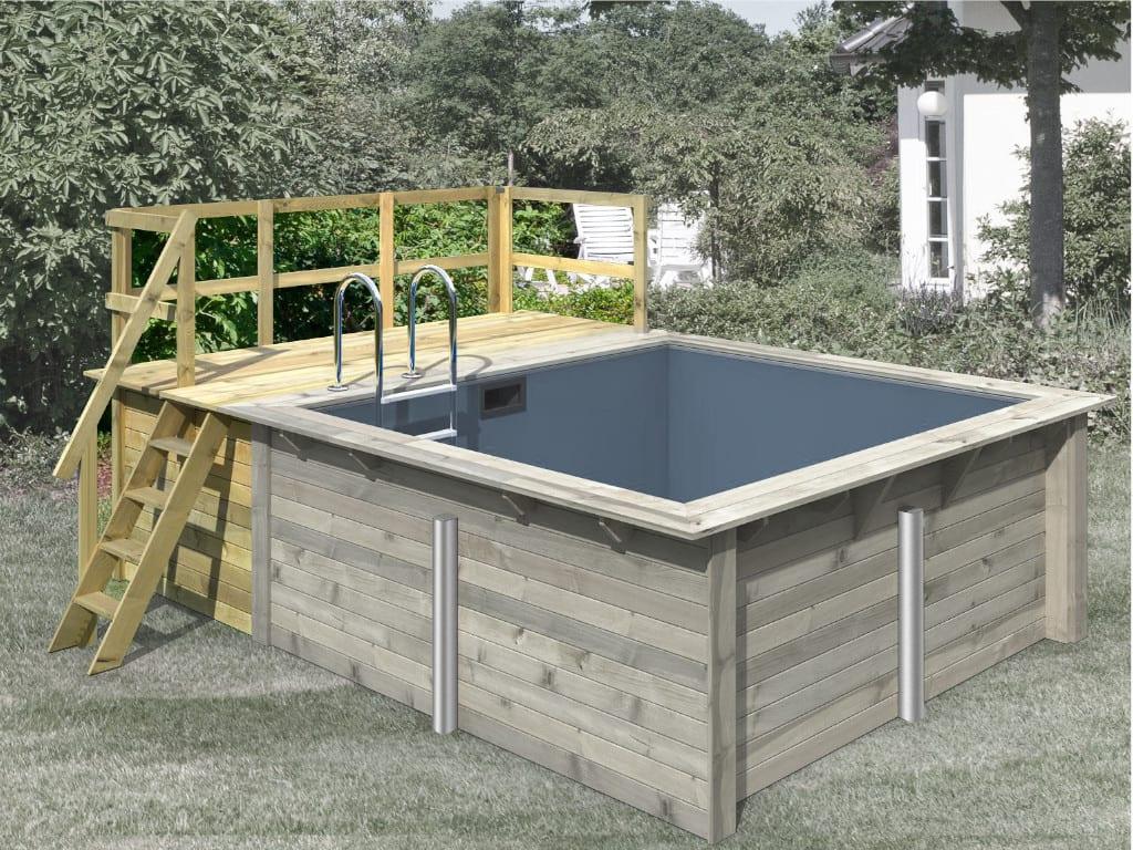 KARIBU Naturbelassen 124 x 142 cm Poolterrasse Front, Massivholz Kesseldruckimprägniert, Podesthöhe 124 cm, Terrassenbreite 142 cm, Pool Anbau