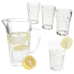 MIX 5tlg Set 1x Glaskrug 1L + 4x Gläser 300 ml klar Wasser Saft Cocktails Party